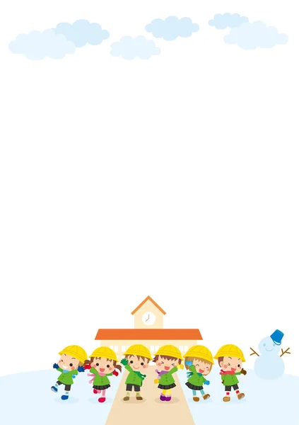 Illustration Cute Kindergarteners Standing Front Kindergarten Snowy Day — Stock Vector