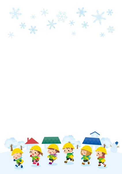 Illustration Cute Kindergarteners Running Snowy City — Stock Vector