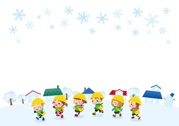 在一个多雪的城市里跑来跑去的可爱的幼儿园的例子 — 图库矢量图片