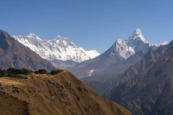 Vrchol Hory Everest Lhotse Ama Dablam Zobrazit Jasně Den Horských — Stock fotografie