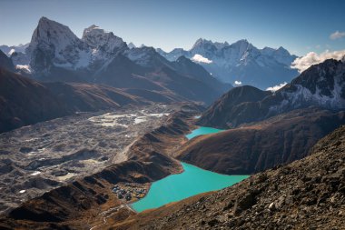 Gokyo Ri bakış açısından bir sabah gündoğumu görünümünde Gökyo gölü, E