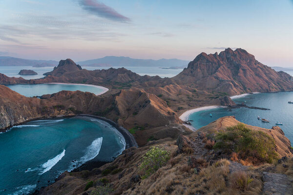 Top view of Padar isalnd in a morning sunrise in Komodo national park, Flores island in Indonesia, Asia
