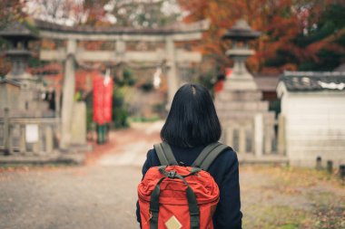 Sonbahar sezonu parkında genç ve güzel bir Asyalı kadının hayat tarzı portresi. Geleneksel Japon tapınağı, Tokyo, Japonya, Asya, Asya 'nın önünde gülen suratlı mutlu bir kadın.