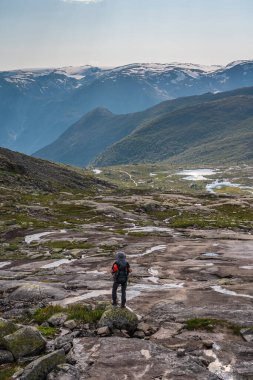 Sırt çantalı genç Asyalı gezgin Trolltunga dağ uçurumunda yürüyüş yapıyor, Odda kasabasında ünlü yürüyüş rotası, Norveç, İskandinavya, Avrupa