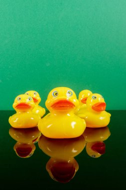 Ördekler yeşil arka plan üzerinde yansıması ile büyük ördek takip grubu. Liderlik kavramsal.