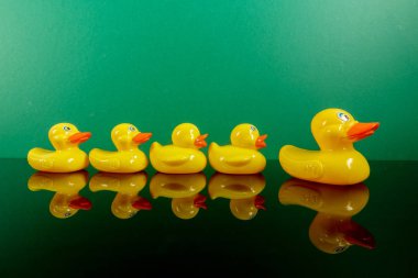 Ördekler yeşil arka plan üzerinde yansıması ile büyük ördek takip grubu. Liderlik kavramsal.