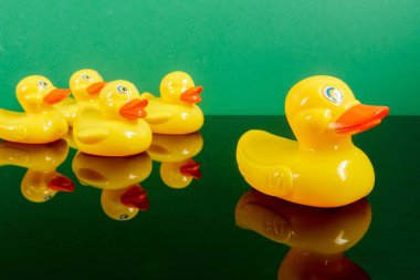 Ördekler yeşil arka plan üzerinde yansıması ile büyük ördek takip grubu. Liderlik kavramsal.