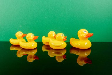 Ördekler yeşil arka plan üzerinde yansıması ile büyük ördek takip grubu. Liderlik kavramsal.