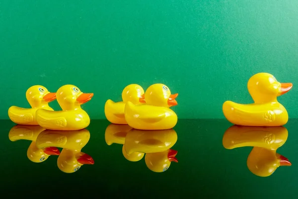 Grupo Patos Seguindo Pato Grande Com Reflexão Sobre Fundo Verde — Fotografia de Stock