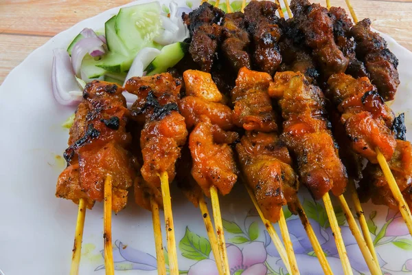 Malaysian Delicacy Commonly Known Satay Bamboo Stick Skewered Barbequed Meat — Stock Photo, Image