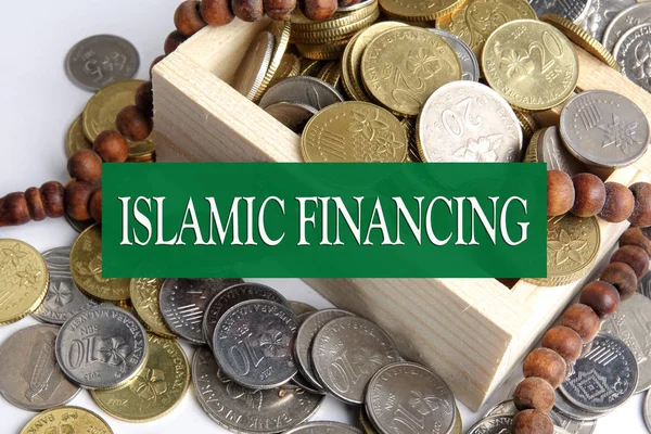 Monedas Caja Madera Rosario Finanzas Islámicas Concepto Bancario — Foto de Stock