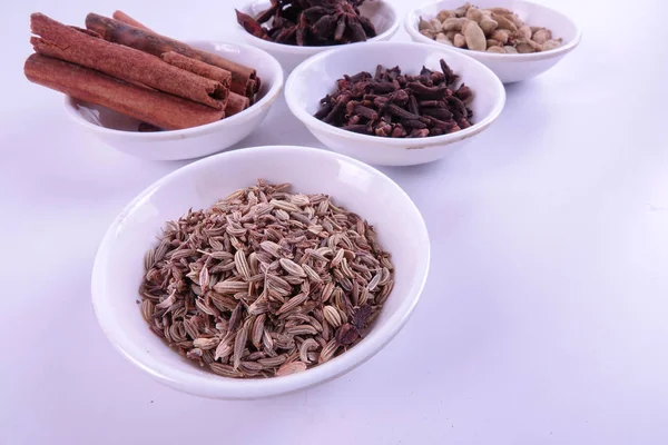 Olika Indiska Kryddor Vit Bakgrund — Stockfoto