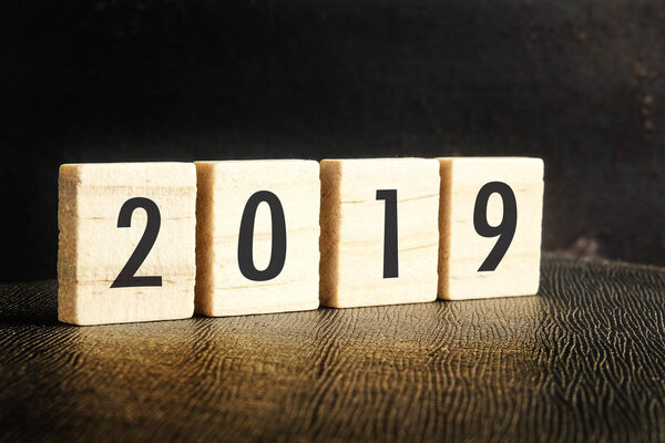Welcome 2019 concepttual with 2019 printed on a wooden block over vintage background.