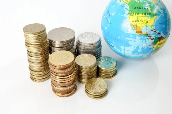 Global Economy Concept Sphere Globe Stacked Coins White — Stock Photo, Image