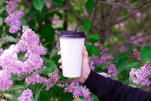 Doğanın, çiçeklerin ve leylağın arka planında plastik bir bardak kahveyle kadın eli.