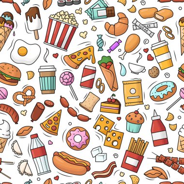 Fast food kusursuz desen. Vektör şablonu. Hamburger, çikolata, patlamış mısır çizimi.