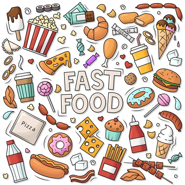 Fast Food Set Van Voorwerpen Symbolen Doodle Een Voedsel Thema — Stockvector