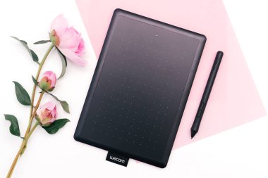 Kirov, Rusya - 27 Haziran 2020; Wacom grafik tableti ve pembe şakayıklı bir kalem birleşik beyaz ve pembe arkaplan. Yazı, seçici odak, üst görünüm için boşluk kopyala