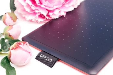 Kirov, Rusya - 27 Haziran 2020; Beyaz arka planda pembe şakayıklı Wacom grafik tableti. Uzayı metin için kopyala, sığ alan derinliği olan seçici odak