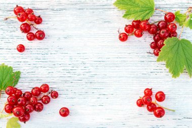 Beyaz ahşap arka planda yeşil yapraklı kırmızı frenk üzümü çerçevesi. Vitamin böğürtleni kavramı ve konsepti. Düz konum, üst görünüm, metin için boşluk kopyala