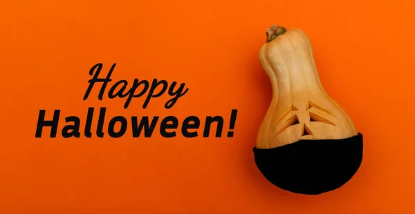 Halloween Pompoen Zwart Beschermend Medisch Masker Oranje Achtergrond Opschrift Happy — Stockfoto