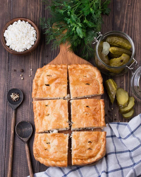 Torta de sopro caseiro com pepinos em conserva e queijo cottage — Fotografia de Stock