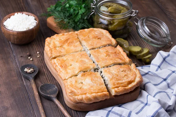 Torta de sopro caseiro com pepinos em conserva e queijo cottage — Fotografia de Stock