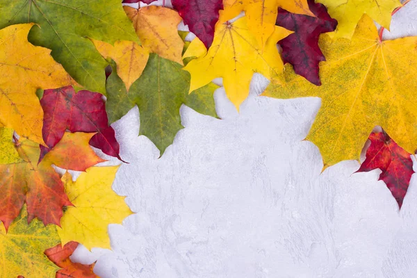 Vintage Autumn border from fallen leaves on grey marble background. Thanksgiving day concept.