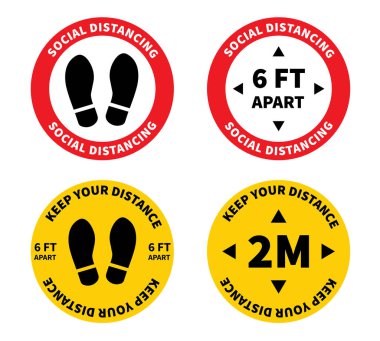 Sosyal uzaklık. Süpermarkette ayakta durmak için ayak izi işareti. 2 metre mesafeyi koru. Coronovirüs salgını koruyucu. Vektör illüstrasyonu