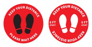 Sosyal uzaklık. Süpermarkette ayakta durmak için ayak izi işareti. 2 metre mesafeyi koru. Coronovirüs salgını koruyucu. Vektör illüstrasyonu