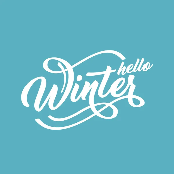 Hello Winter handlettering inscription. White on a green to blue text background. Winter logos and emblems for invitation, greeting card, prints and posters. Calligraphic design. Vector Graphics