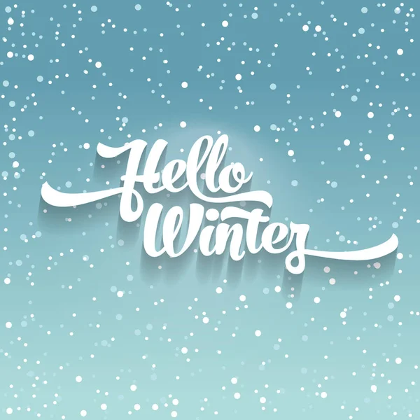 White text on green blue background with snow. Hello Winter lettering for invitation and greeting card, prints and posters. Calligraphic design. Royalty Free Stock Illustrations