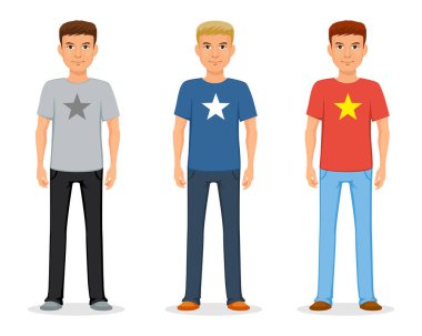 Kot ve t-shirt bir yıldız ile bir genç adam. Rahat moda.
