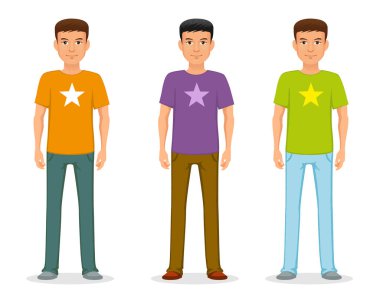 Kot ve t-shirt bir baskı ile genç adam. Rahat moda.
