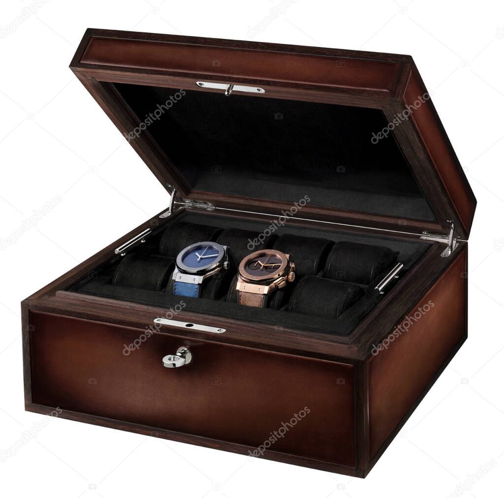 Luxury leather Watch Box gift isolated. An Open black gift box with luxury watch on white background isolated.