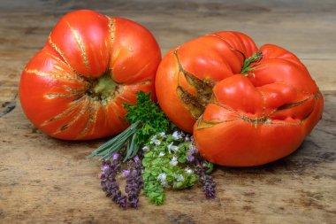Eski domateslerin çeşitliliği ve aromatik bitkiler eski ahşap arka planda bir mutfakta