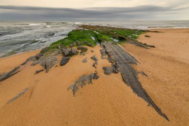 Fransa 'da bir yaz sabahı, kayaların arasında kumsal