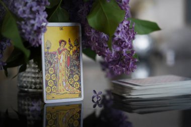 Masada Tarot kartları var, Bozuk Paraların Dokuzlusu. Leylak buketi. 