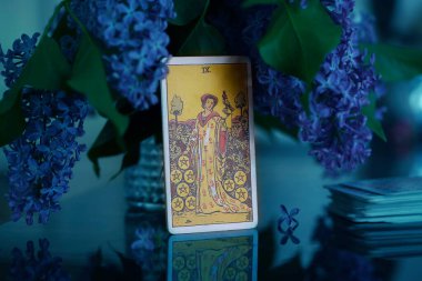 Masada Tarot kartları var, Bozuk Paraların Dokuzlusu. Leylak buketi. 