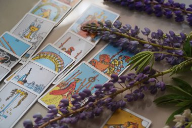 Romantik Tarot Tuzak Arkaplanı. Tarot kartları ve Lupin çiçekleri.