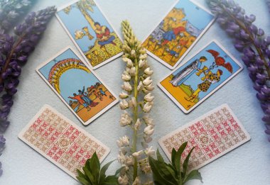 Mavi arkaplandaki çiçekli odaklanmış Tarot kartları