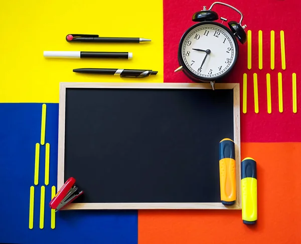 Blurred Concept Back School Alarm Clockcolor Chalk Pencil Apple Notebook — Stock Photo, Image