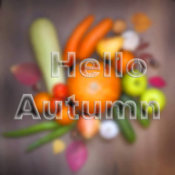 Merhaba Autumn Kabakların Çeşitli Meyve Sebzelerin Arka Planında Yazılı Metinler — Stok fotoğraf
