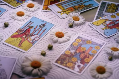 Papatya çiçekli bulanık tarot kartları, falcılık, esrarengiz semboller. - Evet. Yüksek kalite fotoğraf