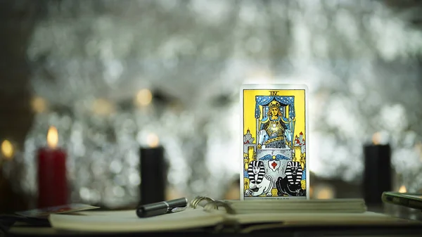 Blurred background of winter composition with tarot cards, chariot — Stock Photo, Image