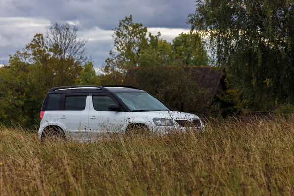 Parked White Universal Car Young Travelers Picturesque Territories Nature Reserves — Stock Photo, Image