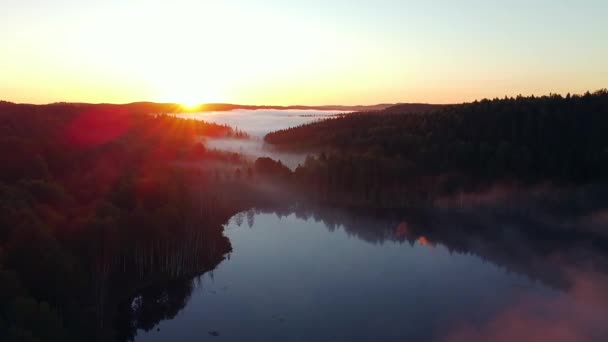 Nascer Sol Lago Com Nevoeiro Vista Panorâmica Altura Voo Drone — Vídeo de Stock