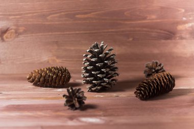 Ahşap arka planda çam kozalakları. Soyut kompozisyon. Köknar kozalakları. Çam kozalakları