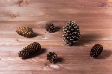 Ahşap arka planda çam kozalakları. Soyut kompozisyon. Köknar kozalakları. Çam kozalakları