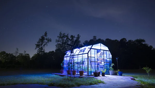 Stars Clouds Sky Lighted Greenhouse — Stock Photo, Image